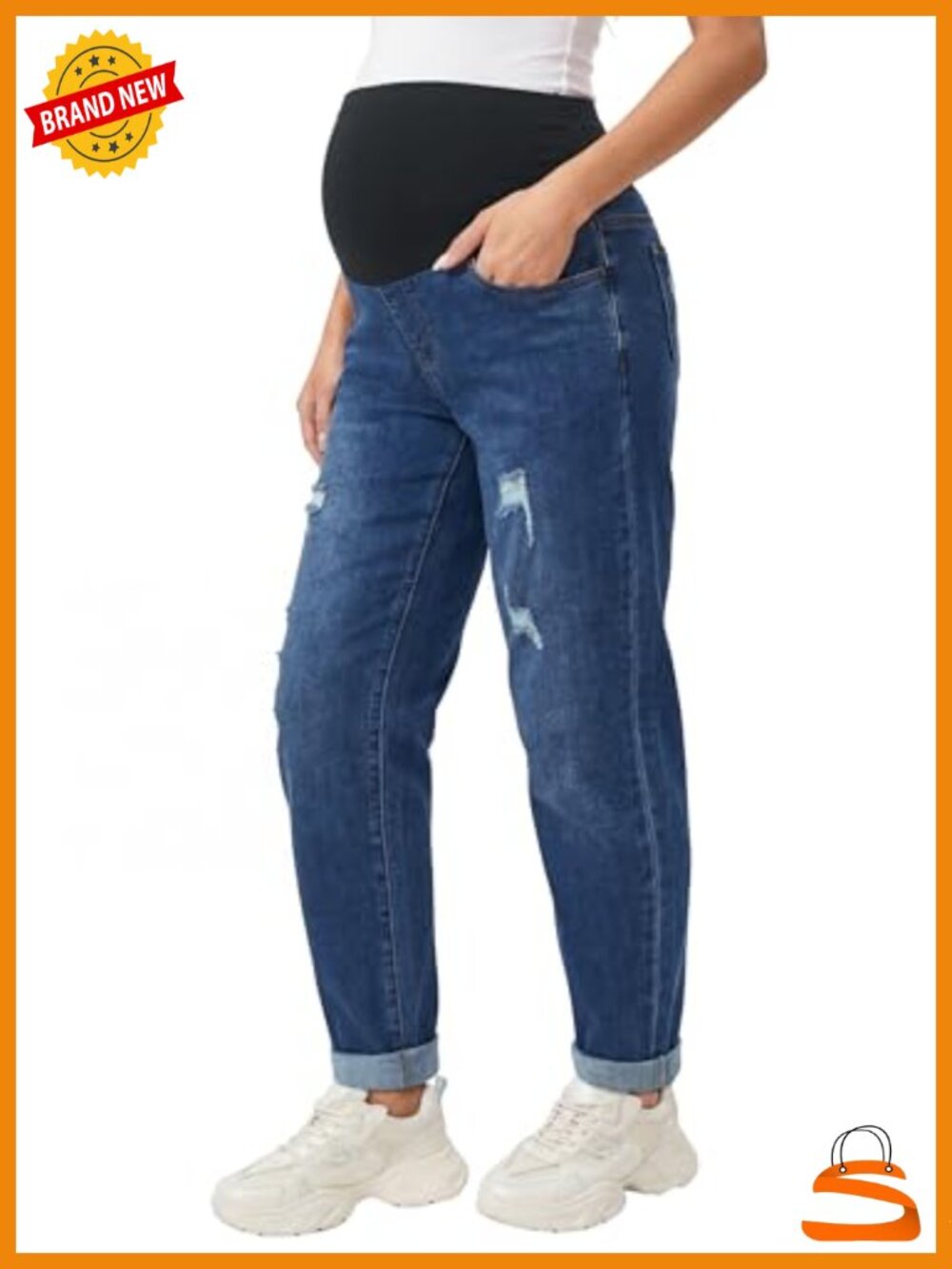 Over Belly Maternity Jeans Ripped Denim Adjustable Waistband